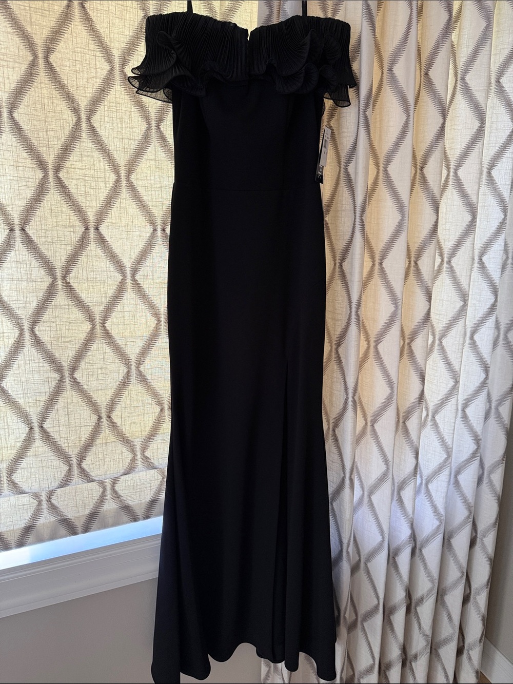 Strapless Black Ruffle-Trim Evening Gown